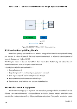 ANNEXURE 2: Tentative outline Functional Design Specification for NU
Page 102 of
141
Central
SCADA
Station
By Contractor By I2ST
SLDC
By I2ST
By NU/SEB
Figure 33 : SCADA/DMS and SLDC Communication
5.5 Resident Energy Billing Module
The modbus gateway will collect the data from the energy meters installed in respective buildings
and transmit to central SCADA. All the gateways communication is in redundant communication to
transmit the data over Modbus RS485.
Data Analytics is done on the data derived from these meters. Thus the first step is to extract the data
from these meters in order to carry out further analytics.
Proposed Energy Billing Module Features: -
• Energy Dashboard.
• Report engine allows you to easily configure, save and send.
• Rate engine supports custom utility rates and charges.
• Configurable line items for flexible report output.
• Net metering, meter splitting and common area allocation.
5.6 Weather Monitoring System
Weather monitoring plays an important role in electrical power generation and distribution sub-
stations. There are many different variants of weather monitoring systems. We have considered all-in-
one modular weather station at Central Command Centre substation. This weather monitoring system
 