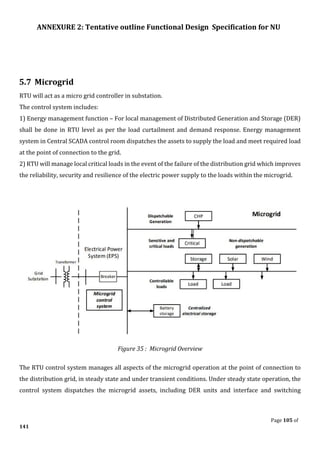 ANNEXURE 2: Tentative outline Functional Design Specification for NU
Page 105 of
141
5.7 Microgrid
RTU will act as a micro grid controller in substation.
The control system includes:
1) Energy management function – For local management of Distributed Generation and Storage (DER)
shall be done in RTU level as per the load curtailment and demand response. Energy management
system in Central SCADA control room dispatches the assets to supply the load and meet required load
at the point of connection to the grid.
2) RTU will manage local critical loads in the event of the failure of the distribution grid which improves
the reliability, security and resilience of the electric power supply to the loads within the microgrid.
Figure 35 : Microgrid Overview
The RTU control system manages all aspects of the microgrid operation at the point of connection to
the distribution grid, in steady state and under transient conditions. Under steady state operation, the
control system dispatches the microgrid assets, including DER units and interface and switching
 