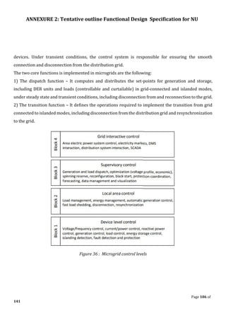 ANNEXURE 2: Tentative outline Functional Design Specification for NU
Page 106 of
141
devices. Under transient conditions, the control system is responsible for ensuring the smooth
connection and disconnection from the distribution grid.
The two core functions is implemented in microgrids are the following:
1) The dispatch function – It computes and distributes the set-points for generation and storage,
including DER units and loads (controllable and curtailable) in grid-connected and islanded modes,
under steady state and transient conditions, including disconnection from and reconnection to the grid.
2) The transition function – It defines the operations required to implement the transition from grid
connected to islanded modes, including disconnection from the distribution grid and resynchronization
to the grid.
Figure 36 : Microgrid control levels
 