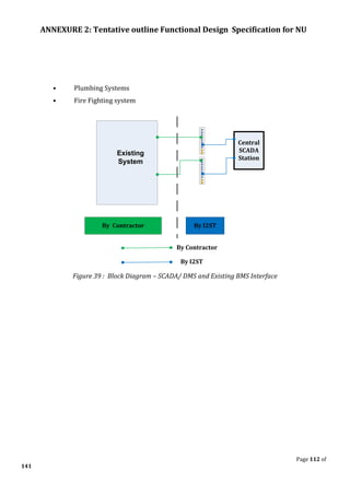 ANNEXURE 2: Tentative outline Functional Design Specification for NU
Page 112 of
141
• Plumbing Systems
• Fire Fighting system
Central
SCADA
Station
By Contractor By I2ST
Existing
System
By I2ST
By Contractor
Figure 39 : Block Diagram – SCADA/ DMS and Existing BMS Interface
 