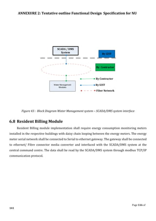 ANNEXURE 2: Tentative outline Functional Design Specification for NU
Page 116 of
141
Figure 43 : Block Diagram Water Management system – SCADA/DMS system interface
6.8 Resident Billing Module
Resident Billing module implementation shall require energy consumption monitoring meters
installed in the respective buildings with daisy chain looping between the energy meters. The energy
meter serial network shall be connected to Serial to ethernet gateway. The gateway shall be connected
to ethernet/ Fibre connector media converter and interfaced with the SCADA/DMS system at the
central command centre. The data shall be read by the SCADA/DMS system through modbus TCP/IP
communication protocol.
Water Management
Modules
SCADA / DMS
System
By Contractor
By I2ST
By I2ST
By Contractor
Fiber Network
 