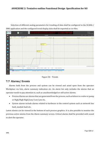 ANNEXURE 2: Tentative outline Functional Design Specification for NU
Page 123 of
141
Selection of different analog parameters for trending of data shall be configured in the SCADA /
DMS application and the configured trend display data shall be exported as csv files.
Figure 50 : Trends
7.7 Alarms/ Events
Alarms both from the process and system can be viewed and acted upon from the operator
Workplace via lists, alarm summary indication etc. An alarm list only includes the alarms that an
operator needs to pay attention to, such as unacknowledged or still active alarms.
• Process Alarms are alarms that are generated from the process, such as failure in a valve or pump
or High/High High/Low/ Low Low etc.
• System alarms include alarms related to hardware in the control system such as network line
fault, module fault etc.
Latest alarms can be viewed in the bottom of each process graphics. It is also possible to monitor the
previous active alarms from the Alarm summary screen. Critical alarms shall be provided with sound
to alert the operator.
 