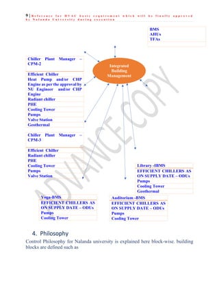 9 | R e f e r e n c e f o r H V A C b a s i c r e q u i r e m e n t w h i c h w i l l b e f i n a l l y a p p r o v e d
b y N a l a n d a U n i v e r s i t y d u r i n g e x e c u t i o n
Chiller Plant Manager –
CPM-2
Efficient Chiller
Heat Pump and/or CHP
Engine as per the approval by
NU Engineer and/or CHP
Engine
Radiant chiller
PHE
Cooling Tower
Pumps
Valve Station
Geothermal
Chiller Plant Manager –
CPM-3
Efficient Chiller
Radiant chiller
PHE
Cooling Tower
Pumps
Valve Station
4. Philosophy
Control Philosophy for Nalanda university is explained here block-wise. building
blocks are defined such as
BMS
AHUs
TFAs
Library -IBMS
EFFICIENT CHILLERS AS
ON SUPPLY DATE – ODUs
Pumps
Cooling Tower
Geothermal
Yoga-BMS
EFFICIENT CHILLERS AS
ON SUPPLY DATE – ODUs
Pumps
Cooling Tower
Auditorium -BMS
EFFICIENT CHILLERS AS
ON SUPPLY DATE – ODUs
Pumps
Cooling Tower
Integrated
Building
Management
 