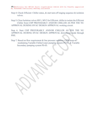 15 | R e f e r e n c e f o r H V A C b a s i c r e q u i r e m e n t w h i c h w i l l b e f i n a l l y a p p r o v e d
b y N a l a n d a U n i v e r s i t y d u r i n g e x e c u t i o n
Step 4: Check Efficient Chiller status, & start turn-off staging sequence & isolation
valves.
Step 5: Close Isolation valves MV1, MV2 for Efficient chiller to isolate the Efficient
Chiller from CHP PREFERABLY AND/OR CHILLER AS PER THE NU
APPROVAL DURING HVAC DESIGN APPROVAL working circuit.
Step 6: Start CHP PREFERABLY AND/OR CHILLER AS PER THE NU
APPROVAL DURING HVAC DESIGN APPROVAL disworking mode through
PHE.
Step 7: Based on flow requirement & line pressure variation, CPM keep on
modulating Variable Chilled water pumping system PS-01, & Variable
Secondary pumping system PS-03.
 