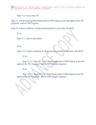 26 | R e f e r e n c e f o r H V A C b a s i c r e q u i r e m e n t w h i c h w i l l b e f i n a l l y a p p r o v e d
b y N a l a n d a U n i v e r s i t y d u r i n g e x e c u t i o n
Step 11.2: Go to step 10.
Step 12: Check lead/lag Heat Pump and/or CHP Engine as per the approval by NU
Engineer and/or CHP Engines
Step 13: Check condition, Is heat load demand Hd is less than 532 KW?
If yes,
Step 13.1: Start Lead chiller
If no,
Step 13.2: Check condition, Is Heat load demand Hd is less than 1062 KW?
If yes,
Step 13.2.1: Start 2nd
/ LAG Heat Pump and/or CHP Engine as per the
approval by NU Engineer and/or CHP Engine sequence
If no,
Step 13.2.2: Start 3rd
/ LAG Heat Pump and/or CHP Engine as per the
approval by NU Engineer and/or CHP Engine sequence
 