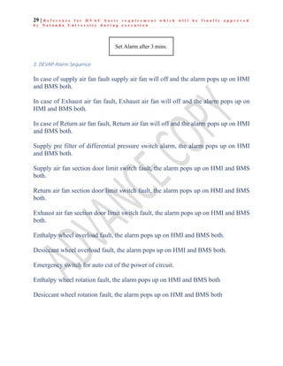 29 | R e f e r e n c e f o r H V A C b a s i c r e q u i r e m e n t w h i c h w i l l b e f i n a l l y a p p r o v e d
b y N a l a n d a U n i v e r s i t y d u r i n g e x e c u t i o n
3. DEVAP Alarm Sequence
In case of supply air fan fault supply air fan will off and the alarm pops up on HMI
and BMS both.
In case of Exhaust air fan fault, Exhaust air fan will off and the alarm pops up on
HMI and BMS both.
In case of Return air fan fault, Return air fan will off and the alarm pops up on HMI
and BMS both.
Supply pre filter of differential pressure switch alarm, the alarm pops up on HMI
and BMS both.
Supply air fan section door limit switch fault, the alarm pops up on HMI and BMS
both.
Return air fan section door limit switch fault, the alarm pops up on HMI and BMS
both.
Exhaust air fan section door limit switch fault, the alarm pops up on HMI and BMS
both.
Enthalpy wheel overload fault, the alarm pops up on HMI and BMS both.
Desiccant wheel overload fault, the alarm pops up on HMI and BMS both.
Emergency switch for auto cut of the power of circuit.
Enthalpy wheel rotation fault, the alarm pops up on HMI and BMS both
Desiccant wheel rotation fault, the alarm pops up on HMI and BMS both
Set Alarm after 3 mins.
 
