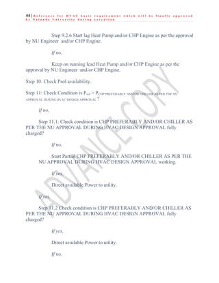 44 | R e f e r e n c e f o r H V A C b a s i c r e q u i r e m e n t w h i c h w i l l b e f i n a l l y a p p r o v e d
b y N a l a n d a U n i v e r s i t y d u r i n g e x e c u t i o n
Step 9.2.6 Start lag Heat Pump and/or CHP Engine as per the approval
by NU Engineer and/or CHP Engine.
If no,
Keep on running lead Heat Pump and/or CHP Engine as per the
approval by NU Engineer and/or CHP Engine.
Step 10: Check Psol availability.
Step 11: Check Condition is Psol > PCHP PREFERABLY AND/OR CHILLER AS PER THE NU
APPROVAL DURING HVAC DESIGN APPROVAL ?
If no,
Step 11.1: Check condition is CHP PREFERABLY AND/OR CHILLER AS
PER THE NU APPROVAL DURING HVAC DESIGN APPROVAL fully
charged?
If no,
Start Partial CHP PREFERABLY AND/OR CHILLER AS PER THE
NU APPROVAL DURING HVAC DESIGN APPROVAL working.
If yes,
Direct available Power to utility.
If yes,
Step 11.2 Check condition is CHP PREFERABLY AND/OR CHILLER AS
PER THE NU APPROVAL DURING HVAC DESIGN APPROVAL fully
charged?
If yes,
Direct available Power to utility.
If no,
 