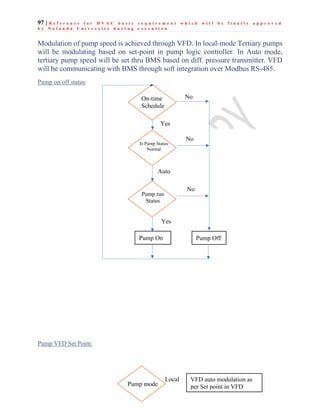 97 | R e f e r e n c e f o r H V A C b a s i c r e q u i r e m e n t w h i c h w i l l b e f i n a l l y a p p r o v e d
b y N a l a n d a U n i v e r s i t y d u r i n g e x e c u t i o n
Modulation of pump speed is achieved through VFD. In local-mode Tertiary pumps
will be modulating based on set-point in pump logic controller. In Auto mode,
tertiary pump speed will be set thru BMS based on diff. pressure transmitter. VFD
will be communicating with BMS through soft integration over Modbus RS-485.
Pump on/off status:
Pump VFD Set Point:
On-time
Schedule
Pump run
Status
Pump Off
Is Pump Status
Normal
No
Auto
Yes
Pump On
Yes
No
No
Pump mode
VFD auto modulation as
per Set point in VFD
Local
 