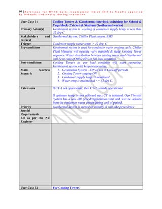 99 | R e f e r e n c e f o r H V A C b a s i c r e q u i r e m e n t w h i c h w i l l b e f i n a l l y a p p r o v e d
b y N a l a n d a U n i v e r s i t y d u r i n g e x e c u t i o n
User Case 01 Cooling Towers & Geothermal interlock switching for School &
Yoga block (Cricket & Stadium Geothermal works)
Primary Actor(s) Geothermal system is working & condenser supply temp. is less than
32 deg C
Stakeholders and
Interest
Geothermal System, Chiller Plant system, BMS
Trigger Condenser supply water temp. > 32 deg. C
Pre-conditions Geothermal system is used for condenser water cooling cycle. Chiller
Plant Manager will operate valve manifold & stage Cooling Tower
sequence. Water distribution between cooling tower and Geothermal
will be in ratio of 60%:40% in full load condition.
Post-conditions Cooling Towers as per load condition will start operating.
Geothermal system will keep on operating.
Main Success
Scenario
1. Geothermal System – ON (if not in Cool-off period)
2. Cooling Tower staging ON
3. Condenser supply temp. is monitored
4. Water temp is maintained <= 32 deg C.
Extensions If CT-1 not operational, then CT-2 is made operational.
If optimum temp. is not achieved next CT is initiated. Geo Thermal
System has a cool off period/regeneration time and will be isolated
from the condenser water circuit during cool of period.
Priority Geothermal System is turned on initially & will take precedence
Special
Requirements
Etc as per the NU
Engineer
User Case 02 For Cooling Towers
 