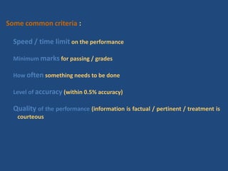 Some common criteria :
Speed / time limit on the performance
Minimum marks for passing / grades
How often something needs to be done
Level of accuracy (within 0.5% accuracy)
Quality of the performance (information is factual / pertinent / treatment is
courteous
 