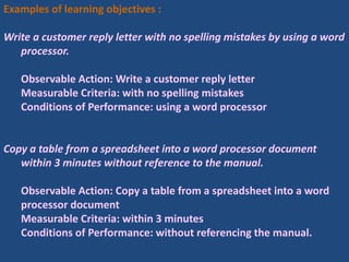 Examples of learning objectives :
Write a customer reply letter with no spelling mistakes by using a word
processor.
Observable Action: Write a customer reply letter
Measurable Criteria: with no spelling mistakes
Conditions of Performance: using a word processor
Copy a table from a spreadsheet into a word processor document
within 3 minutes without reference to the manual.
Observable Action: Copy a table from a spreadsheet into a word
processor document
Measurable Criteria: within 3 minutes
Conditions of Performance: without referencing the manual.
 