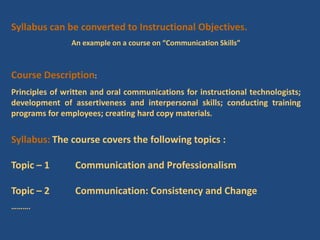 Syllabus can be converted to Instructional Objectives.
An example on a course on “Communication Skills”
Course Description:
Principles of written and oral communications for instructional technologists;
development of assertiveness and interpersonal skills; conducting training
programs for employees; creating hard copy materials.
Syllabus: The course covers the following topics :
Topic – 1 Communication and Professionalism
Topic – 2 Communication: Consistency and Change
……….
 