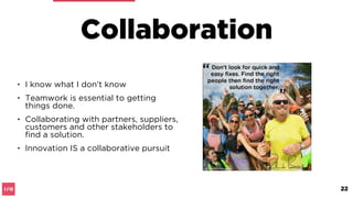Collaboration
Deﬁnition
• to work, one with another; cooperate,
• working with others to do a task and
to achieve and realise shared goals
• to work together (relationships)
toward (process) something in
common (outcomes).
22
 