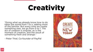 Collaboration
• When we are in active sharing with others - sharing
deep secrets, sharing what's on our mind, sharing our
dreams and aspirations, the brain lights up like a
Christmas tree (Temporo Parietal Junction or theTPJ)
• This behavior activates a high level of oxytocin, which
is the neurotransmitter that enables us to bond and
connect with others deeply.
• How to share passions, dreams and aspirations: 
• Create opportunities to be open and transparent with
others about your dreams - and share, share, share!
• When we are open with others - we send signals that
we trust them with things that are personal to us. We
bring people into our private space and trust they will
not harm us in any way.
52
 