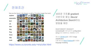 ㅍ
ㅍ
ㅍ
ㅍ
새로운 구조를 gradient
기반으로 찾는 Neural
Architecture Search라는
방법을 제안
neural network의 structure와
connectivity를 가변 길이의 configuration
string으로 지정한다는 관찰에서 시작
하나는 CIFAR-10을 사용한 image
classification
다른 하나는 Penn Treebank를 사용한
language modeling
전제조건
https://www.cs.toronto.edu/~kriz/cifar.html
 