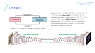 ㅍ
Reason
String의 처리에는 RNN을 적용하는 것이 일반적이므로,
여기서도 RNN(“Controller”)을 사용해 그와 같은
configuration string을 generation하도록 합니다. 그렇게
만들어진 네트워크(“Child Network”)의 성능을
validation set에서 측정하고, 결과로 얻은 accuracy를
reinforcement learning의 reward로 사용해 Child
Network의 parameter를 update
 