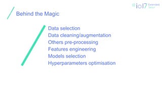 ㅍ
Behind the Magic
Data selection
Data cleaning/augmentation
Others pre-processing
Features engineering
Models selection
Hyperparameters optimisation
 