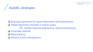 ㅍ
AutoML strategies
❏ Bayesian approache for Hyper Parameters (HP) optimization
❏ Global approches including in search space:
HP, models, features engineering, data pre-processing
❏ Ensemble methods
❏ Meta-learning
❏ Memory & time management
 