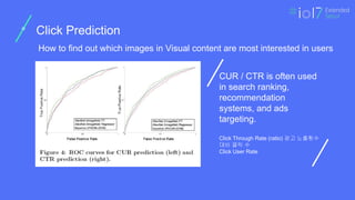 ㅍ
ㅍ
ㅍ
ㅍ
페이지
타이틀
ㅍ
Click Prediction
CUR / CTR is often used
in search ranking,
recommendation
systems, and ads
targeting.
Click Through Rate (ratio) 광고 노출횟수
대비 클릭 수
Click User Rate
How to find out which images in Visual content are most interested in users
 