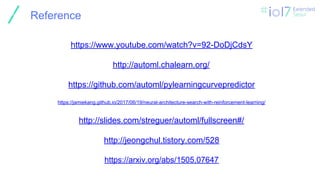 ㅍ
https://www.youtube.com/watch?v=92-DoDjCdsY
http://automl.chalearn.org/
https://github.com/automl/pylearningcurvepredictor
https://jamiekang.github.io/2017/06/19/neural-architecture-search-with-reinforcement-learning/
http://slides.com/streguer/automl/fullscreen#/
http://jeongchul.tistory.com/528
https://arxiv.org/abs/1505.07647
Reference
 
