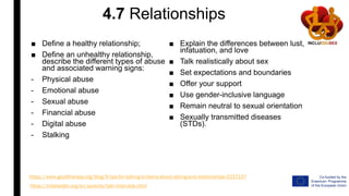 4.7 Relationships
■ Define a healthy relationship;
■ Define an unhealthy relationship,
describe the different types of abuse
and associated warning signs:
- Physical abuse
- Emotional abuse
- Sexual abuse
- Financial abuse
- Digital abuse
- Stalking
■ Explain the differences between lust,
infatuation, and love
■ Talk realistically about sex
■ Set expectations and boundaries
■ Offer your support
■ Use gender-inclusive language
■ Remain neutral to sexual orientation
■ Sexually transmitted diseases
(STDs).
https://www.goodtherapy.org/blog/9-tips-for-talking-to-teens-about-dating-and-relationships-0227157
https://kidshealth.org/en/parents/talk-child-stds.html
 
