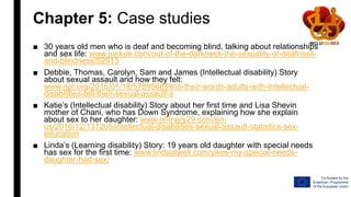 Chapter 5: Case studies
■ 30 years old men who is deaf and becoming blind, talking about relationships
and sex life: www.junkee.com/out-of-the-darkness-the-sexuality-of-deafness-
and-blindness/52513
■ Debbie, Thomas, Carolyn, Sam and James (Intellectual disability) Story
about sexual assault and how they felt:
www.npr.org/2018/01/18/578956859/in-their-words-adults-with-intellectual-
disabilities-tell-their-sexual-assault-s
■ Katie’s (Intellectual disability) Story about her first time and Lisa Shevin
mother of Chani, who has Down Syndrome, explaining how she explain
about sex to her daughter: www.refinery29.com/en-
us/2016/12/131205/intellectual-disabilities-sexual-assault-statistics-sex-
education
■ Linda’s (Learning disability) Story: 19 years old daughter with special needs
has sex for the first time: www.lindaatwell.com/yikes-my-special-needs-
daughter-had-sex/
 