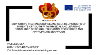 SUPPORTIVE TRAINING COURSE AND SELF-HELP GROUPS OF
PARENTS OF YOUTH WITH PHYSICAL AND LEARNING
DISABILITIES ON SEXUAL EDUCATION, TECHNIQUES AND
APPROPRIATE BEHAVIOUR
INCLUEDUSEX
2018-1-ES01-KA204-050062
IO1 Parental sexual education training course
 