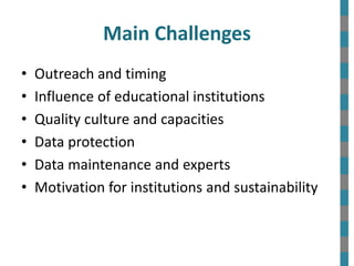 • Outreach and timing
• Influence of educational institutions
• Quality culture and capacities
• Data protection
• Data ma...