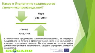 Какво е биологично градинарство
/зеленчукопроизводство/?
хора
растения
почва
животни
В биологичното градинарство /зеленчукопроизводство/, се поддържа
плодородието на почвата с органични торове, както и се насърчават и
използват естествените процеси. По този начин се постигат добри
добиви и контролиране на проблемите, свързани с вредители (болести и
неприятели).
 