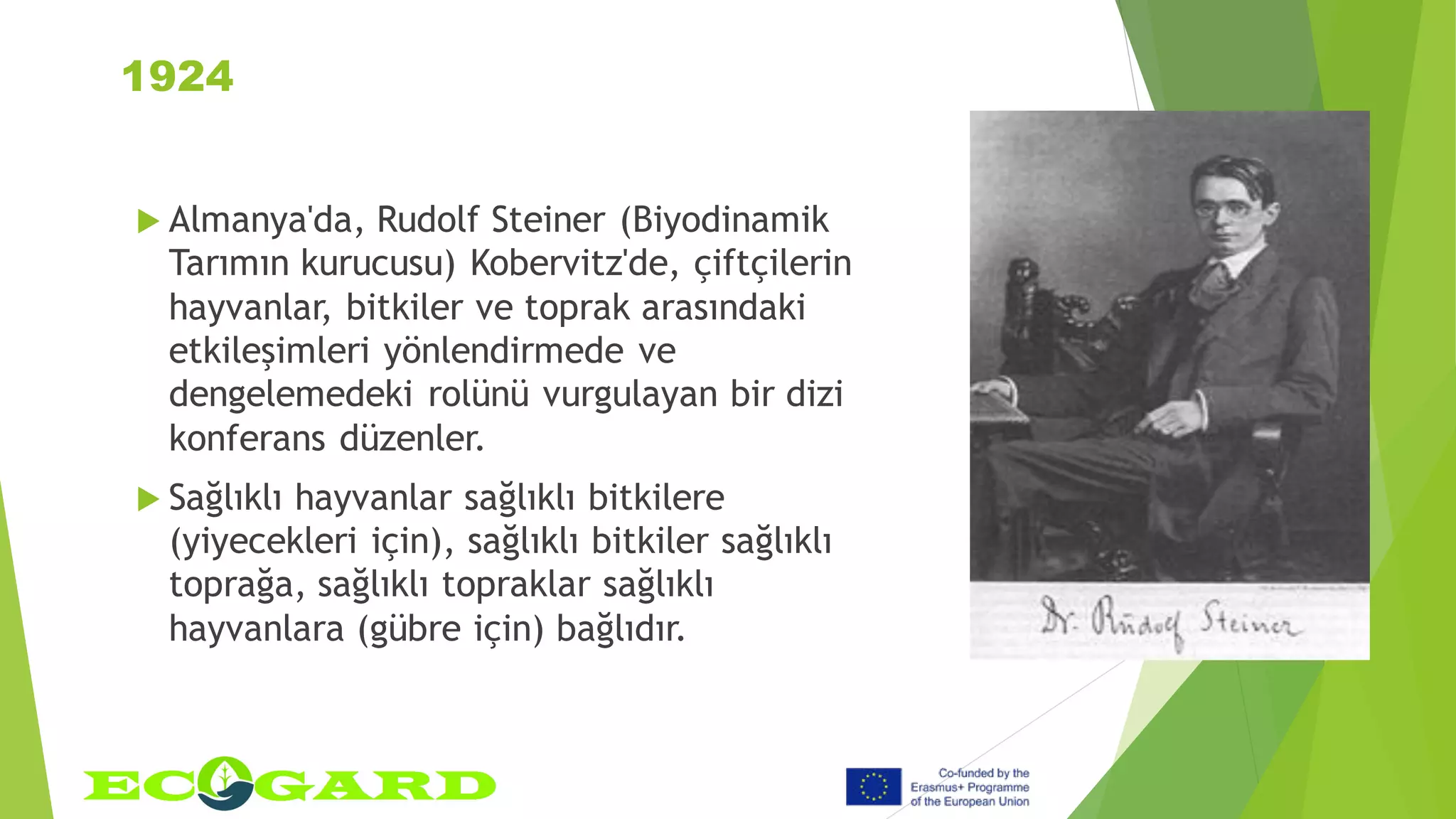 1924
 Almanya'da, Rudolf Steiner (Biyodinamik
Tarımın kurucusu) Kobervitz'de, çiftçilerin
hayvanlar, bitkiler ve toprak arasındaki
etkileşimleri yönlendirmede ve
dengelemedeki rolünü vurgulayan bir dizi
konferans düzenler.
 Sağlıklı hayvanlar sağlıklı bitkilere
(yiyecekleri için), sağlıklı bitkiler sağlıklı
toprağa, sağlıklı topraklar sağlıklı
hayvanlara (gübre için) bağlıdır.
 