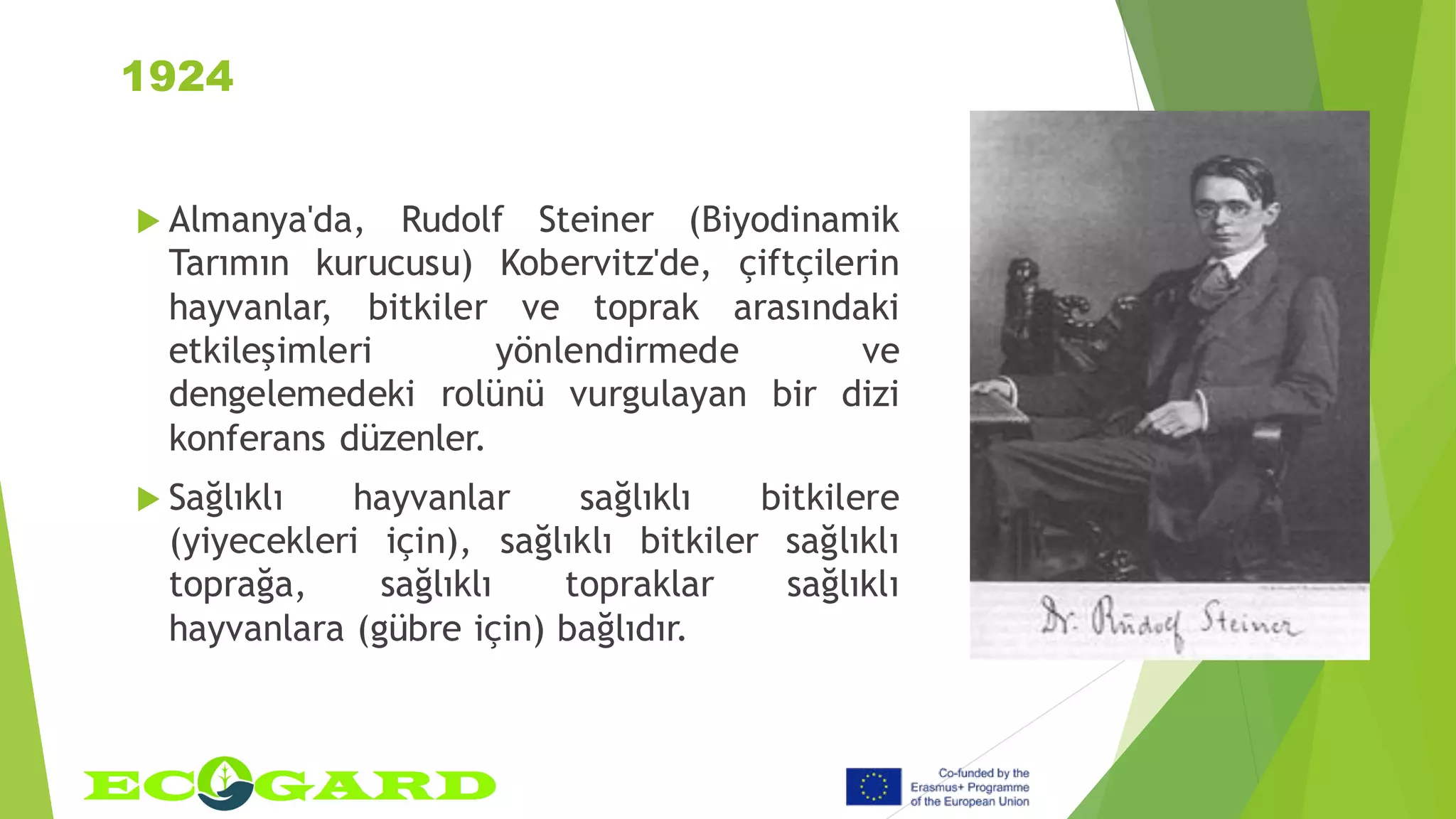 1924
 Almanya'da, Rudolf Steiner (Biyodinamik
Tarımın kurucusu) Kobervitz'de, çiftçilerin
hayvanlar, bitkiler ve toprak arasındaki
etkileşimleri yönlendirmede ve
dengelemedeki rolünü vurgulayan bir dizi
konferans düzenler.
 Sağlıklı hayvanlar sağlıklı bitkilere
(yiyecekleri için), sağlıklı bitkiler sağlıklı
toprağa, sağlıklı topraklar sağlıklı
hayvanlara (gübre için) bağlıdır.
 