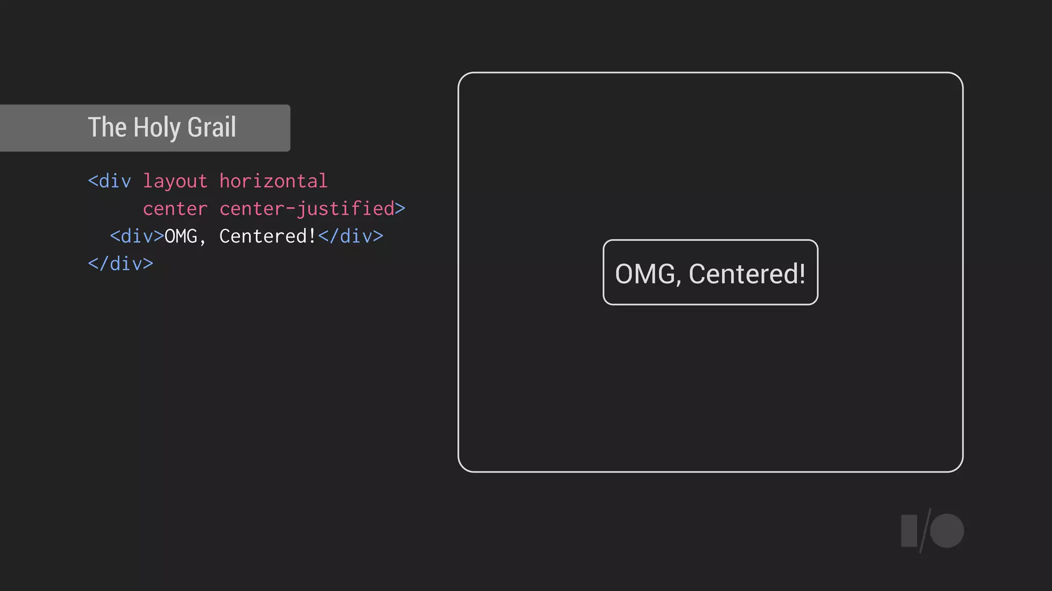 <div layout horizontal
center center-justified>
<div>OMG, Centered!</div>
</div>
The Holy Grail
OMG, Centered!
 