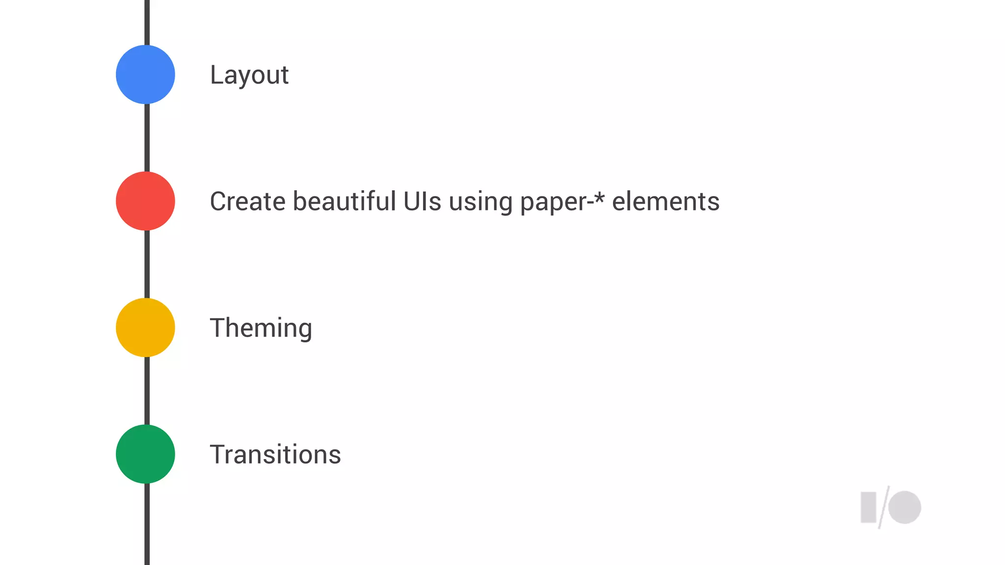 Layout
Create beautiful UIs using paper-* elements
Theming
Transitions
 