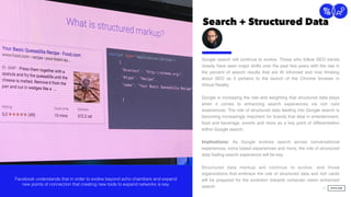 Search + Structured Data
23
Connection
Google search will continue to evolve. Those who follow SEO trends
closely have seen major shifts over the past few years with the rise in
the percent of search results that are AI informed and now thinking
about SEO as it pertains to the launch of the Chrome browser in
Virtual Reality.
 
Google is increasing the role and weighting that structured data plays
when it comes to enhancing search experiences via rich card
experiences. The role of structured data feeding into Google search is
becoming increasingly important for brands that deal in entertainment,
food and beverage, events and more as a key point of differentiation
within Google search.  
Implications: As Google evolves search across conversational
experiences, voice based experiences and more, the role of structured
data fueling search experience will be key.
Structured data markup will continue to evolve, and those
organizations that embrace the role of structured data and rich cards
will be prepared for the evolution towards computer vision enhanced
search.
Facebook understands that in order to evolve beyond echo chambers and expand
new points of connection that creating new tools to expand networks is key.
 