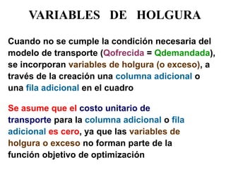 VARIABLES DE HOLGURA 
Cuando no se cumple la condición necesaria del modelo de transporte (Qofrecida = Qdemandada), se incorporan variables de holgura (o exceso), a través de la creación una columna adicional o una fila adicional en el cuadro 
Se asume que el costo unitario de transporte para la columna adicional o fila adicional es cero, ya que las variables de holgura o exceso no forman parte de la función objetivo de optimización  