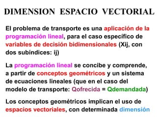 DIMENSION ESPACIO VECTORIAL 
El problema de transporte es una aplicación de la programación lineal, para el caso específico de variables de decisión bidimensionales (Xij, con dos subíndices: ij) 
La programación lineal se concibe y comprende, a partir de conceptos geométricos y un sistema de ecuaciones lineales (que en el caso del modelo de transporte: Qofrecida = Qdemandada) 
Los conceptos geométricos implican el uso de espacios vectoriales, con determinada dimensión  