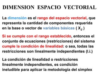 DIMENSION ESPACIO VECTORIAL 
La dimensión es el rango del espacio vectorial, que representa la cantidad de componentes requerida en la base o vector de variables básicas ( XJ ) 
Si se cumple con el rango establecido, entonces el conjunto de ecuaciones (restricciones) del sistema cumple la condición de linealidad: o sea, todas las restricciones son linealmente independientes (l.i.) 
La condición de linealidad o restricciones linealmente independientes, es condición ineludible para aplicar la metodología del simplex  