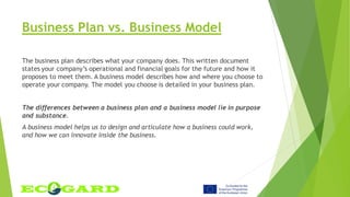 Business Plan vs. Business Model
The business plan describes what your company does. This written document
states your company’s operational and financial goals for the future and how it
proposes to meet them. A business model describes how and where you choose to
operate your company. The model you choose is detailed in your business plan.
The differences between a business plan and a business model lie in purpose
and substance.
A business model helps us to design and articulate how a business could work,
and how we can innovate inside the business.
 