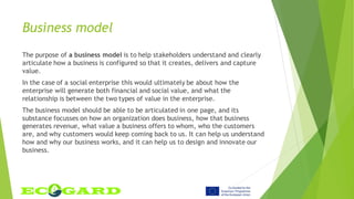 Business model
The purpose of a business model is to help stakeholders understand and clearly
articulate how a business is configured so that it creates, delivers and capture
value.
In the case of a social enterprise this would ultimately be about how the
enterprise will generate both financial and social value, and what the
relationship is between the two types of value in the enterprise.
The business model should be able to be articulated in one page, and its
substance focusses on how an organization does business, how that business
generates revenue, what value a business offers to whom, who the customers
are, and why customers would keep coming back to us. It can help us understand
how and why our business works, and it can help us to design and innovate our
business.
 