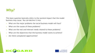 Why?
This basic question basically refers to the societal impact that the model
business may cause. You can decline it into:
 What are the major problems the social business model will face?
 What are the causes of these problems?
 What are the real and relevant needs related to these problems?
 What are the objectives that the business model wants to achieve?
 Are there unexplored opportunities?
 