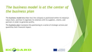 The business model is at the center of
the business plan
The business model describes how the company is positioned within its industry's
value chain, and how it organizes its relations with its suppliers, clients, and
partners in order to generate profits.
The business plan translates this positioning in a series of strategic actions and
quantifies their financial impact.
 