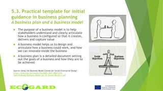 5.3. Practical template for initial
guidance in business planning
A business plan and a business model
 The purpose of a business model is to help
stakeholders understand and clearly articulate
how a business is configured so that it creates,
delivers and capture value
 A business model helps us to design and
articulate how a business could work, and how
we can innovate inside the business
 A business plan is a detailed document setting
out the goals of a business and how they are to
be achieved
Source: Using the Business Model Canvas for Social Enterprise Design -
https://mbs.edu/getmedia/91cc0d01-3641-4844-b34c-
7aee15c8edaf/Business-Model-for-SE-Design-Burkett.pdf
 