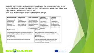 Mapping both impact and commerce models on the one canvas helps us to
understand and innovate around not just each element alone, but about how
they interact and support each other.
This is an essential part of social enterprise design.
 