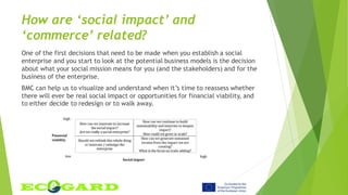 How are ‘social impact’ and
‘commerce’ related?
One of the first decisions that need to be made when you establish a social
enterprise and you start to look at the potential business models is the decision
about what your social mission means for you (and the stakeholders) and for the
business of the enterprise.
BMC can help us to visualize and understand when it’s time to reassess whether
there will ever be real social impact or opportunities for financial viability, and
to either decide to redesign or to walk away.
 