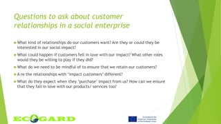 Questions to ask about customer
relationships in a social enterprise
What kind of relationships do our customers want? Are they or could they be
interested in our social impact?
What could happen if customers fell in love with our impact? What other roles
would they be willing to play if they did?
What do we need to be mindful of to ensure that we retain our customers?
A re the relationships with ‘impact customers’ different?
What do they expect when they ‘purchase’ impact from us? How can we ensure
that they fall in love with our products/ services too?
 