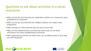 Questions to ask about activities in a social
enterprise
What are the key activities that we undertake to deliver our commercial value
propositions to customers?
What are the key activities that are needed to deliver our impact value
proposition?
What overlaps are there between the two sets of activities?
What are the complementary activities? Are there ways we can build
efficiencies into these complementary activities?
What oppositional activities are there? How can we address these so that they
are more balanced?
 
