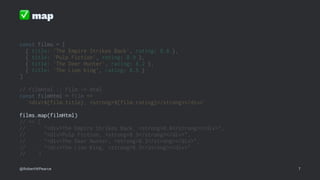 ✅
map
const films = [
{ title: 'The Empire Strikes Back', rating: 8.8 },
{ title: 'Pulp Fiction', rating: 8.9 },
{ title: 'The Deer Hunter', rating: 8.2 },
{ title: 'The Lion King', rating: 8.5 }
]
// filmHtml :: Film -> Html
const filmHtml = film =>
`<div>${film.title}, <strong>${film.rating}</strong></div>`
films.map(filmHtml)
// => [
// "<div>The Empire Strikes Back, <strong>8.8</strong></div>",
// "<div>Pulp Fiction, <strong>8.9</strong></div>",
// "<div>The Deer Hunter, <strong>8.2</strong></div>",
// "<div>The Lion King, <strong>8.5</strong></div>"
// ]
@RobertWPearce 7
 