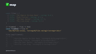 ✅
map
const films = [
{ title: 'The Empire Strikes Back', rating: 8.8 },
{ title: 'Pulp Fiction', rating: 8.9 },
{ title: 'The Deer Hunter', rating: 8.2 },
{ title: 'The Lion King', rating: 8.5 }
]
// filmHtml :: Film -> Html
const filmHtml = film =>
`<div>${film.title}, <strong>${film.rating}</strong></div>`
films.map(filmHtml)
// => [
// "<div>The Empire Strikes Back, <strong>8.8</strong></div>",
// "<div>Pulp Fiction, <strong>8.9</strong></div>",
// "<div>The Deer Hunter, <strong>8.2</strong></div>",
// "<div>The Lion King, <strong>8.5</strong></div>"
// ]
@RobertWPearce 7
 