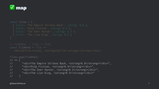 ✅
map
const films = [
{ title: 'The Empire Strikes Back', rating: 8.8 },
{ title: 'Pulp Fiction', rating: 8.9 },
{ title: 'The Deer Hunter', rating: 8.2 },
{ title: 'The Lion King', rating: 8.5 }
]
// filmHtml :: Film -> Html
const filmHtml = film =>
`<div>${film.title}, <strong>${film.rating}</strong></div>`
films.map(filmHtml)
// => [
// "<div>The Empire Strikes Back, <strong>8.8</strong></div>",
// "<div>Pulp Fiction, <strong>8.9</strong></div>",
// "<div>The Deer Hunter, <strong>8.2</strong></div>",
// "<div>The Lion King, <strong>8.5</strong></div>"
// ]
@RobertWPearce 7
 