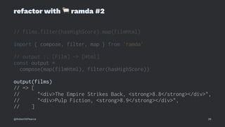 refactor with
!
ramda #2
// films.filter(hasHighScore).map(filmHtml)
import { compose, filter, map } from 'ramda'
// output :: [Film] -> [Html]
const output =
compose(map(filmHtml), filter(hasHighScore))
output(films)
// => [
// "<div>The Empire Strikes Back, <strong>8.8</strong></div>",
// "<div>Pulp Fiction, <strong>8.9</strong></div>",
// ]
@RobertWPearce 26
 